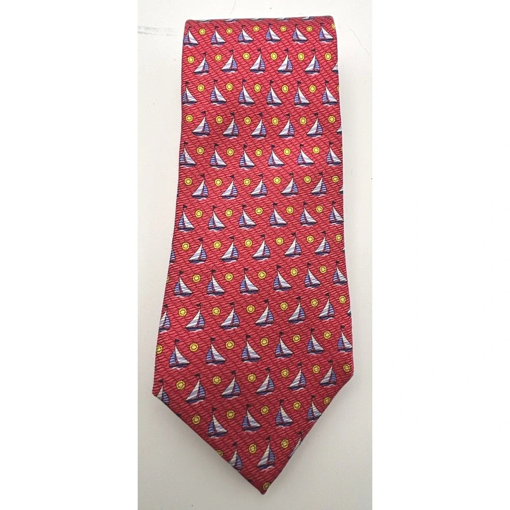 Tommy Hilfiger Men's 100% Silk Red Sailboat Tie Nautical Sun Motif Made in USA